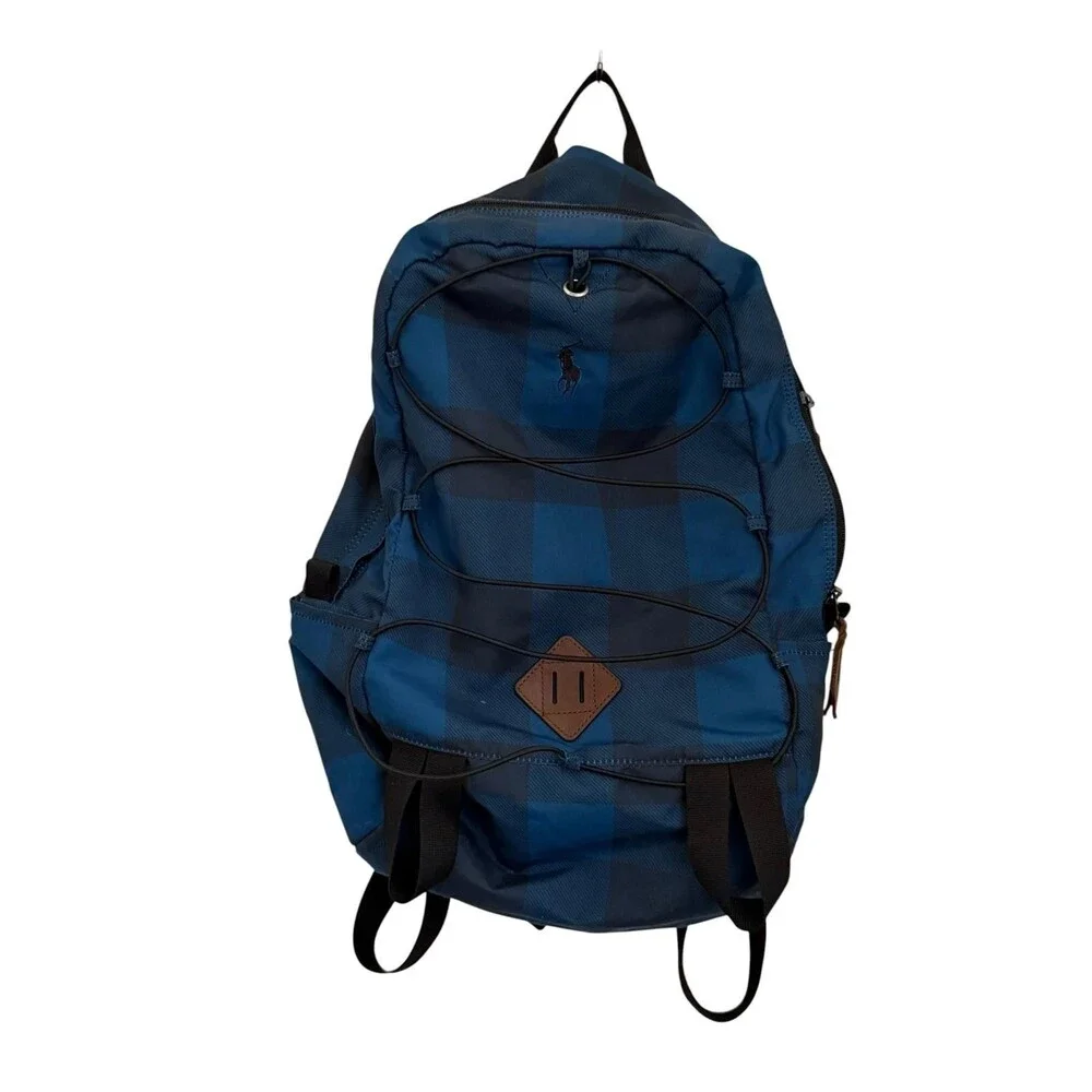 Polo Ralph Lauren Blue Plaid Backpack Bookbag Laptop School Travel Bag